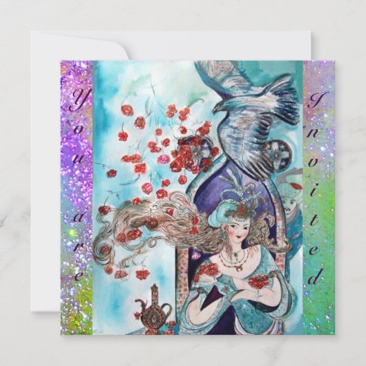 トルコの妖精の物語、明るい赤の青い紫の輝き 招待状 (正面)