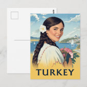 トルコの旅行ポスター 笑顔の女性と海岸風景 ポストカード (正面/裏面)