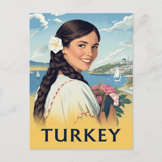 トルコの旅行ポスター 笑顔の女性と海岸風景 ポストカード (正面)