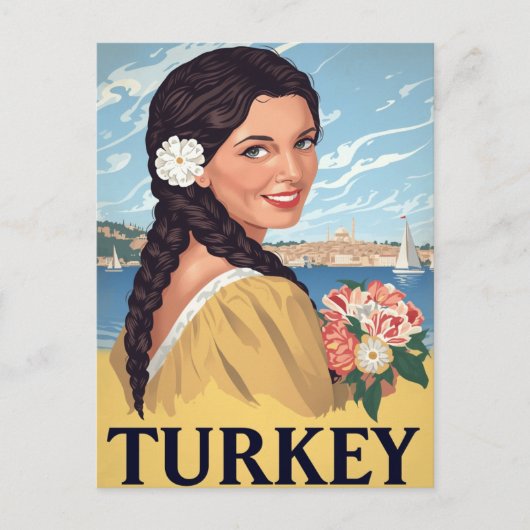 トルコの海岸の女性 レトロ ポストカード (正面)