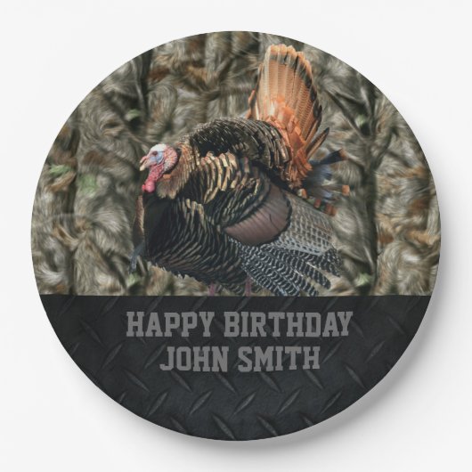 トルコの迷彩柄の狩りのハッピーバースデーの名札 ペーパープレート (正面)