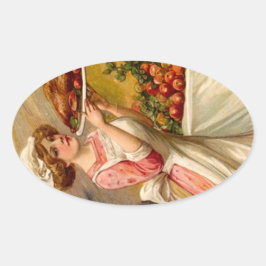 トルコを持つヴィンテージのステッカーの感謝祭の夕食の女性 楕円形シール