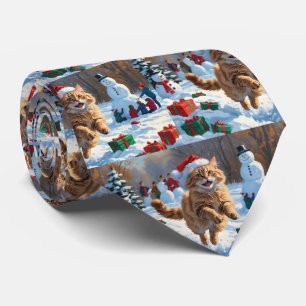 トルコアンゴラの猫の雪中走行とクリスマスハット ネクタイ