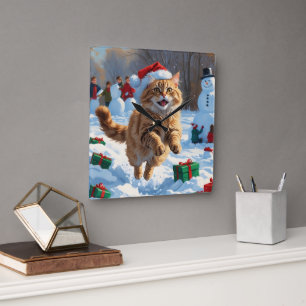 トルコアンゴラの猫、雪の中で走るクリスマスハット スクエア壁時計