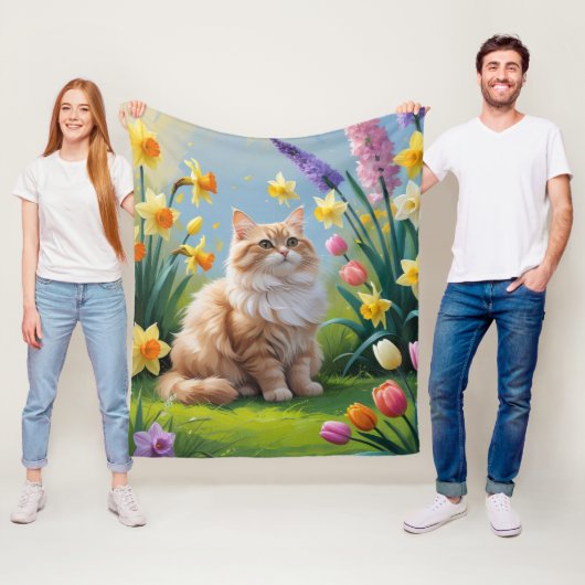 トルコアンゴラ猫の春の花の絵 フリースブランケット (インサイチュ)