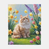 トルコアンゴラ猫の春の花の絵 フリースブランケット (正面)