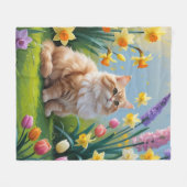 トルコアンゴラ猫の春の花の絵 フリースブランケット (正面(横))