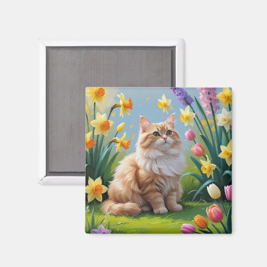 トルコアンゴラ猫の春の花の絵 マグネット (正面/裏面)