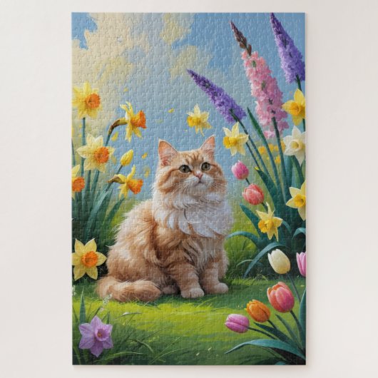 トルコアンゴラ猫 春の花の絵 ジグソーパズル (縦)