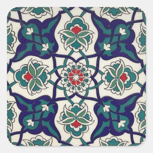 トルコブルーの陶器の花模様 スクエアシール (正面)
