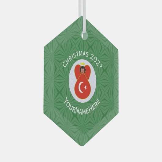 トルコ国旗のクリスマスエンジェル 名前 年 六角形 ガラスオーナメント (正面右)