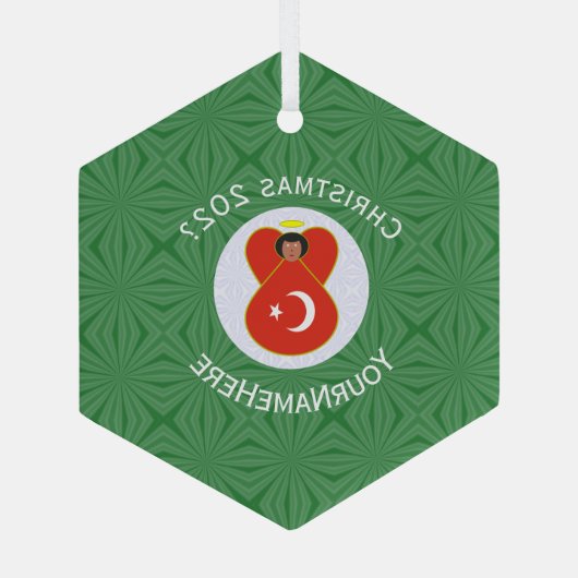 トルコ国旗のクリスマスエンジェル 名前 年 六角形 ガラスオーナメント (裏面)