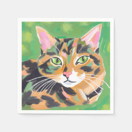 トルコ石柄の猫の水彩画 スタンダードカクテルナプキン
