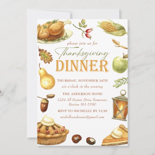 トルコ素朴感謝祭ディナーウォーター色 招待状 (正面)