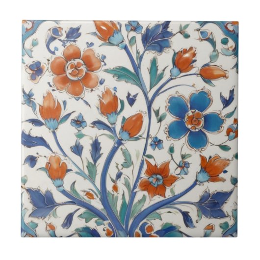 トルコ語オスマンヴィンテージフローラ青と赤の花 タイル (正面)
