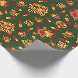 トルコ、羽と幸せな感謝祭ダークグリーン ラッピングペーパー