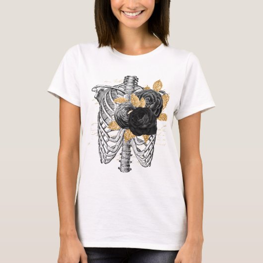 トルソヴィンテージ黒バラとフェイク金ゴールド葉 Tシャツ (正面)