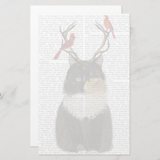 トルトイセシェル猫と〔雄ジカの〕枝角と赤鳥 便箋 (正面/裏面)