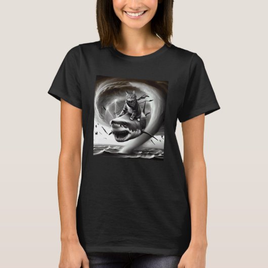 トルネードのサメに乗る面白い猫のミーム1 Tシャツ (正面)