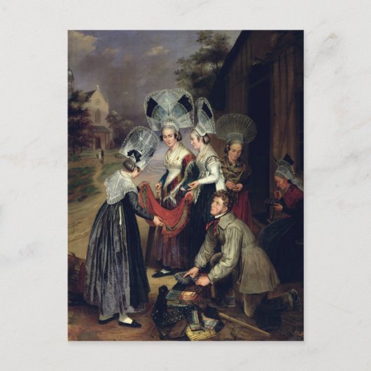 トルーズから女性にスカーフを売る行商人 ポストカード (正面)