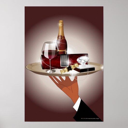 トレイを持つウェイターの手のクローズアップ ポスター (正面)