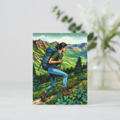 トレイルをハイキングするバックパッキング少女 ポストカード (スタンド正面)