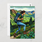 トレイルをハイキングするバックパッキング少女 ポストカード (正面/裏面)