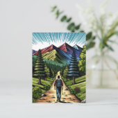 トレイルをハイキングする男 ポストカード (スタンド正面)