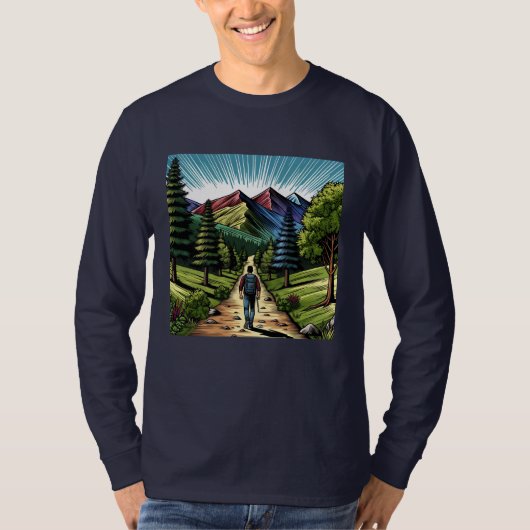トレイルをハイキングする男 Tシャツ (正面)