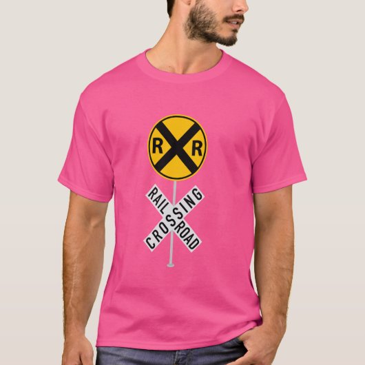 トレインおもしろいアート女子男性へ鉄道踏切Mo Tシャツ (正面)