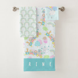 トレインアニマルズブルーベビーブランケット バスタオルセット