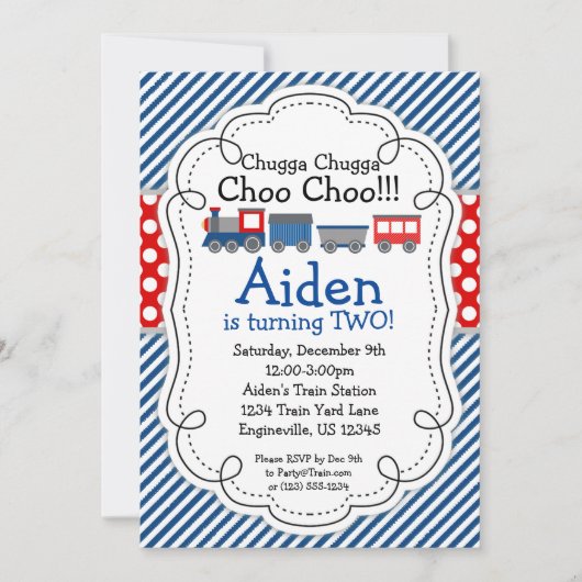 トレインエンジン、青色のストライプ水玉模様誕生日 招待状 (正面)