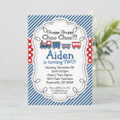 トレインエンジン、青色のストライプ水玉模様誕生日 招待状 (スタンド正面)