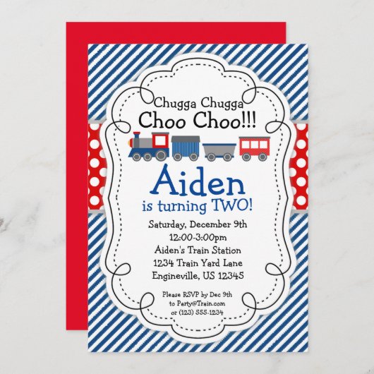 トレインエンジン、青色のストライプ水玉模様誕生日 招待状 (正面/裏面)