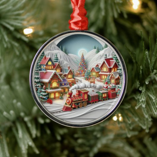 トレインオーナメント付きファンタジーなクリスマスビレッジ メタルオーナメント (ツリー)