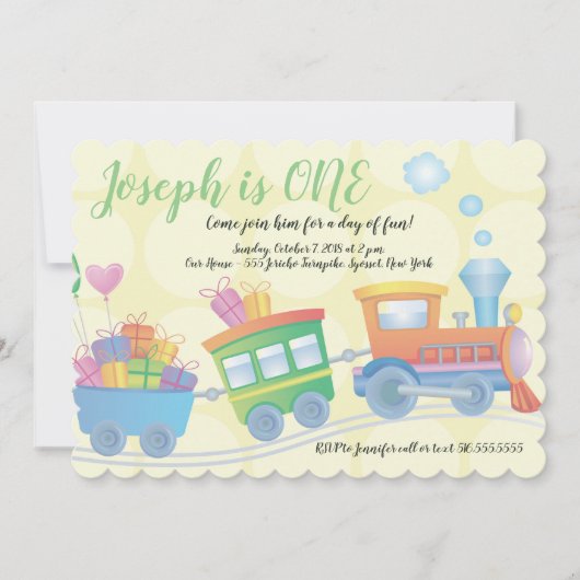 トレインカボースイエローグリーンファースト誕生日 招待状 (正面)