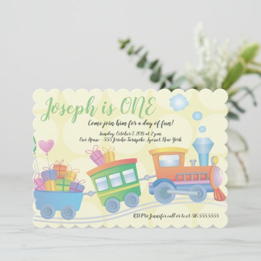 トレインカボースイエローグリーンファースト誕生日 招待状 (スタンド正面)