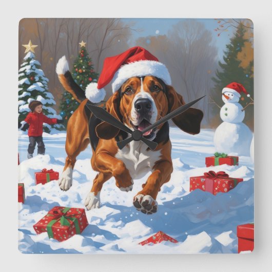 トレイング・ウォーカークリスマスハットで雪を発見 スクエア壁時計 (正面)