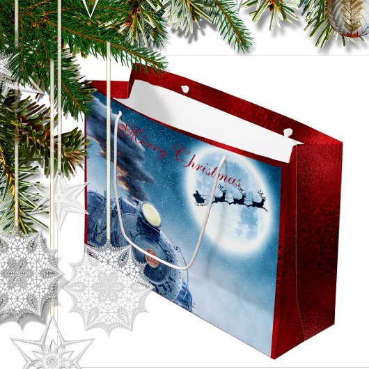 トレインメリークリスマスサンタレッドフェイクフォイル ラージペーパーバッグ