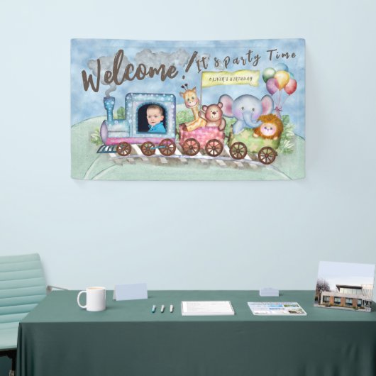 トレイン誕生日フォト水色 横断幕 (トレードショー)