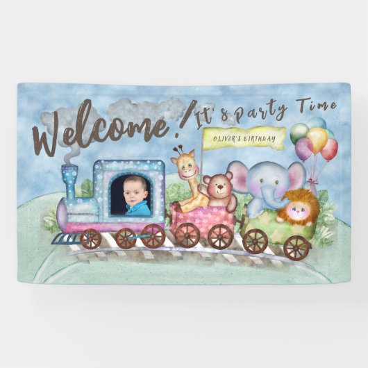 トレイン誕生日フォト水色 横断幕 (横)