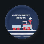 トレイン誕生日紙パルテ7" ペーパープレート<br><div class="desc">赤と明るい青の列車7インチの紙プレートを持つこのネイビーブルーは、任意の小さな男の子の誕生日パーティーに最適！カスタマイズの言い回し。Ellison Reedショップでマッチングデザインをチェック！</div>