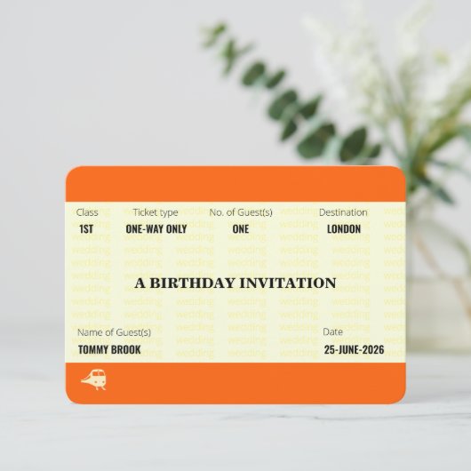 トレイン チケットにインスパイアされた誕生日 招待状 (スタンド正面)