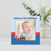 トレイン ポルカドット 1歳誕生日 男の子 フォト 招待状 (スタンド正面)