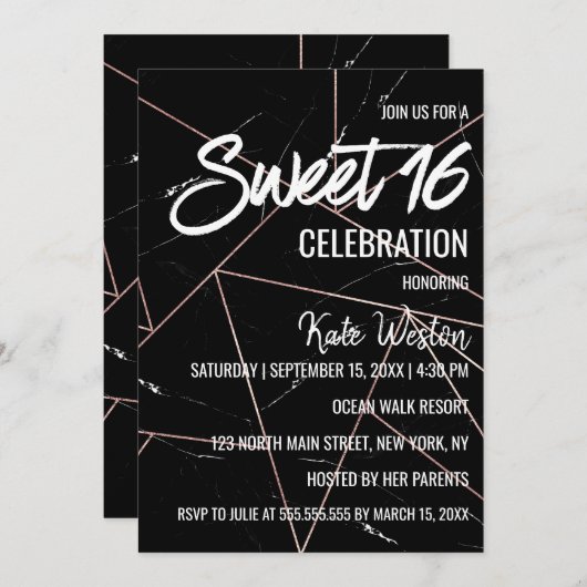 トレシックブラックジオメトリックマーブル金ゴールドスウィート16 招待状 (正面/裏面)