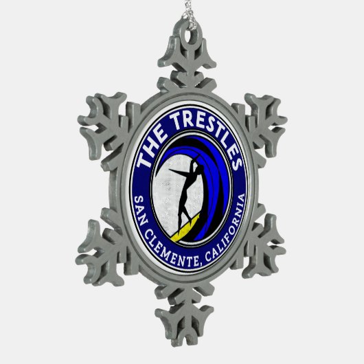 トレスルスサンクレメンテカリフォルニアサーフィンサーフ スノーフレークピューターオーナメント (左)
