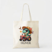 トレックスクール恐竜農家ドライビングレッドトラクター トートバッグ (正面)