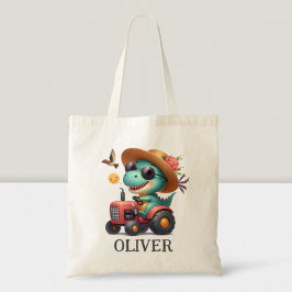 トレックスクール恐竜農家ドライビングレッドトラクター トートバッグ