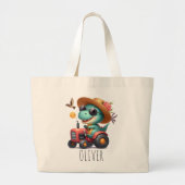 トレックスクール恐竜農家ドライビングレッドトラクター ラージトートバッグ (正面)