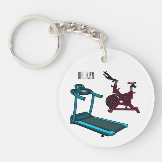 トレッドミル&スピニング自転車の漫画イラストレーション キーホルダー (正面)